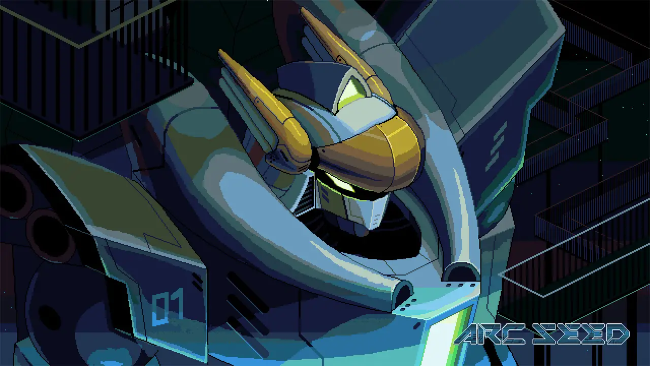 Logo for the game, Arc Seed: Side view of a Mecha.