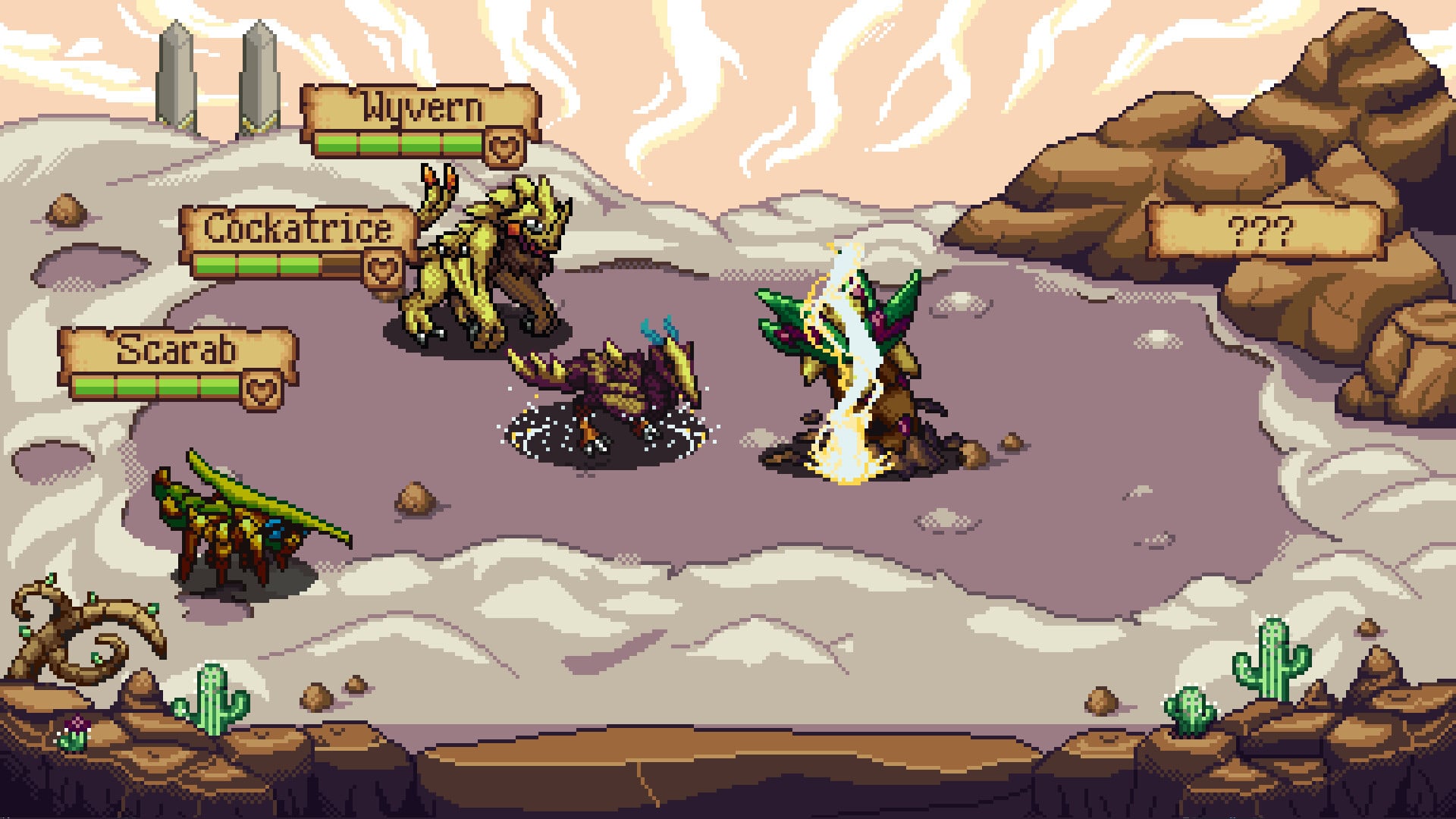 Astra Bestiary turn-based battle with Wyvern, Cockatrice, and Scarab